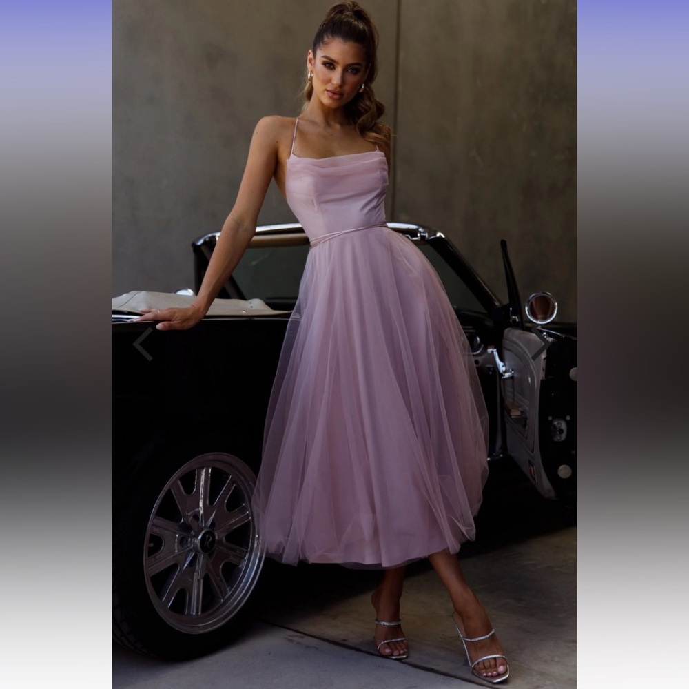 Selfie Leslie Floating By Pleated Neckline Mesh Midi Blush Dress